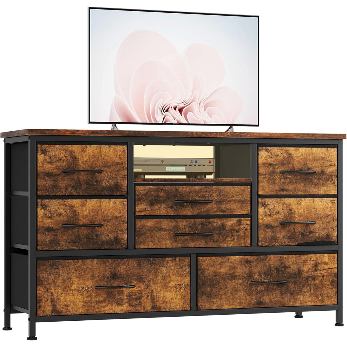 Commode avec 8 tiroirs en tissu, eclairage LED et station de charge, meuble de rangement pour chambre, salon ou couloir