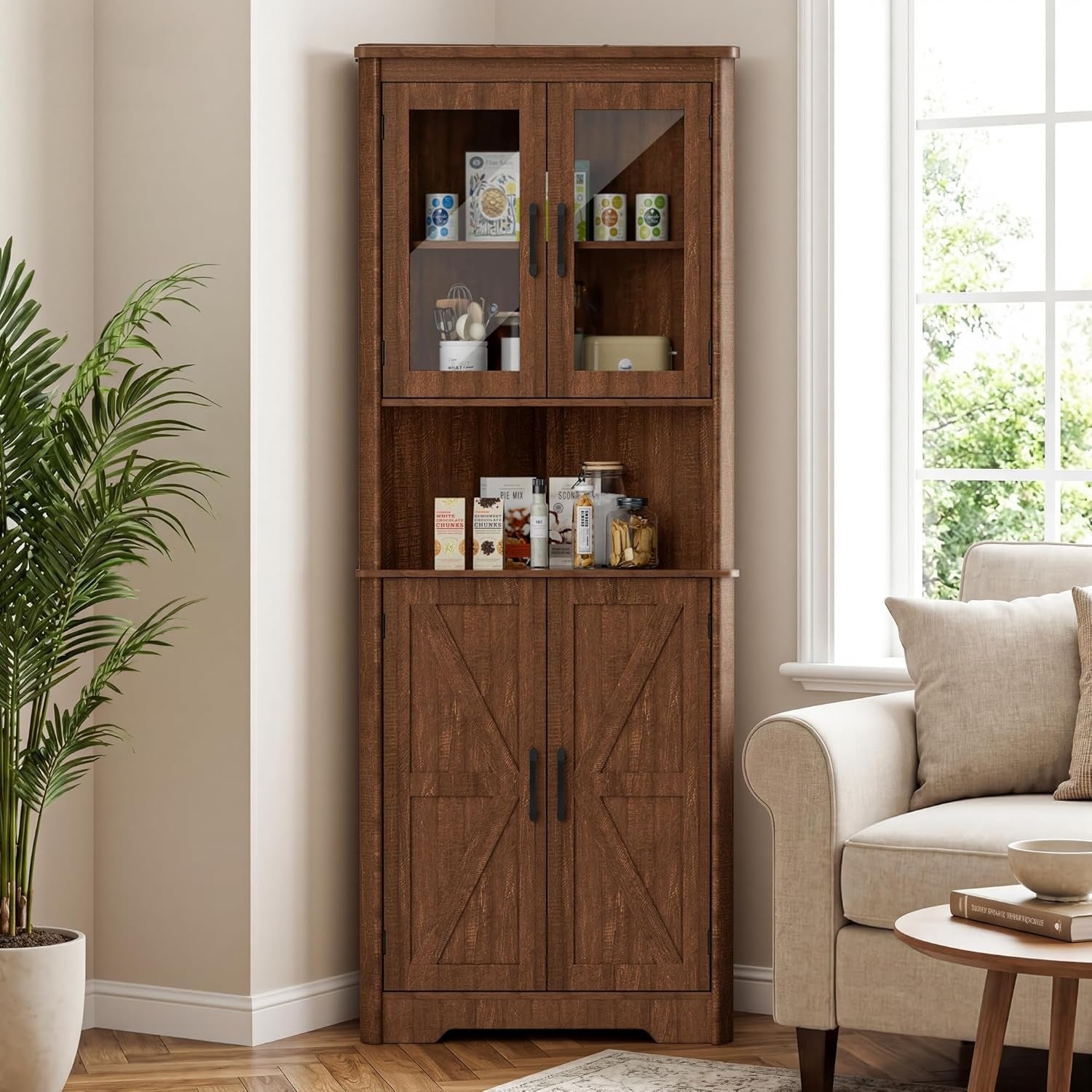 Armoire d'angle haute avec 2 portes et 5 étagères, meuble de rangement gain de place pour cuisine, chambre ou salon, marron