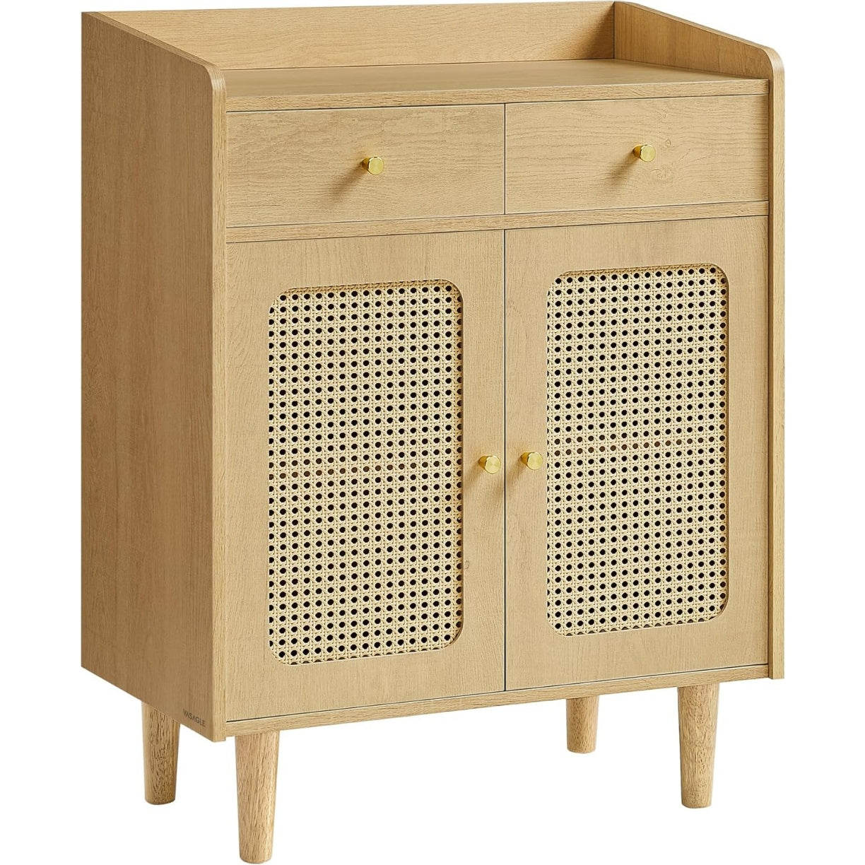 Buffet style bohème avec portes en cannage, tiroirs et étagère réglable, meuble de rangement beige effet chêne