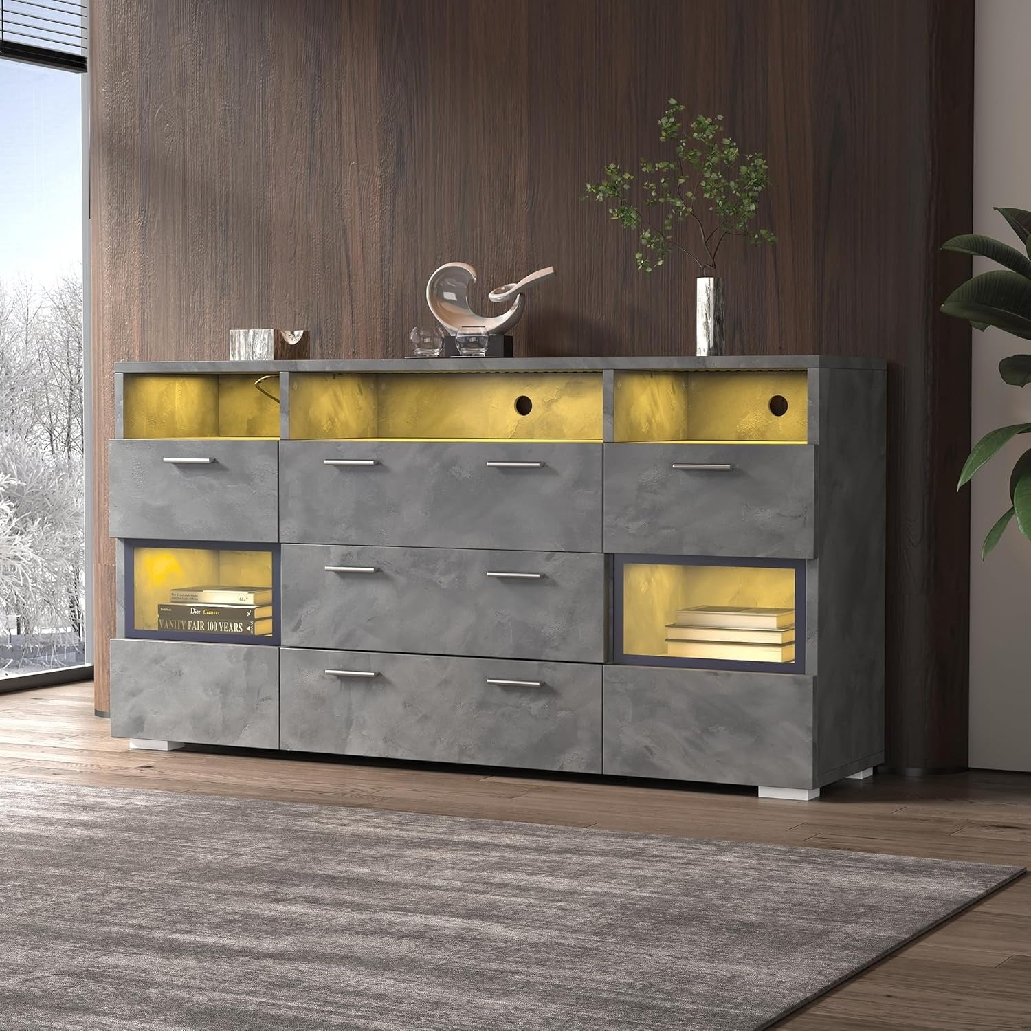 Buffet lumineux avec deux portes, trois tiroirs, compartiment ouvert et eclairage LED, 140 cm