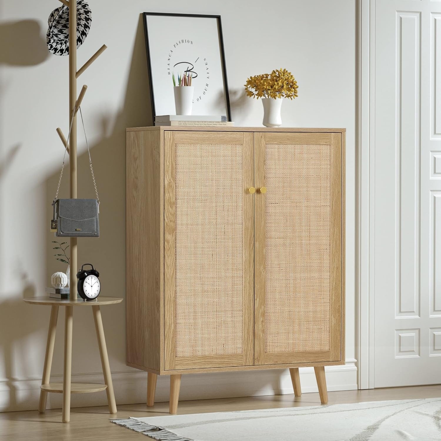 Armoire de rangement en rotin avec 2 portes, meuble multifonction 80 x 34 x 112 cm pour cuisine, salon ou entrée