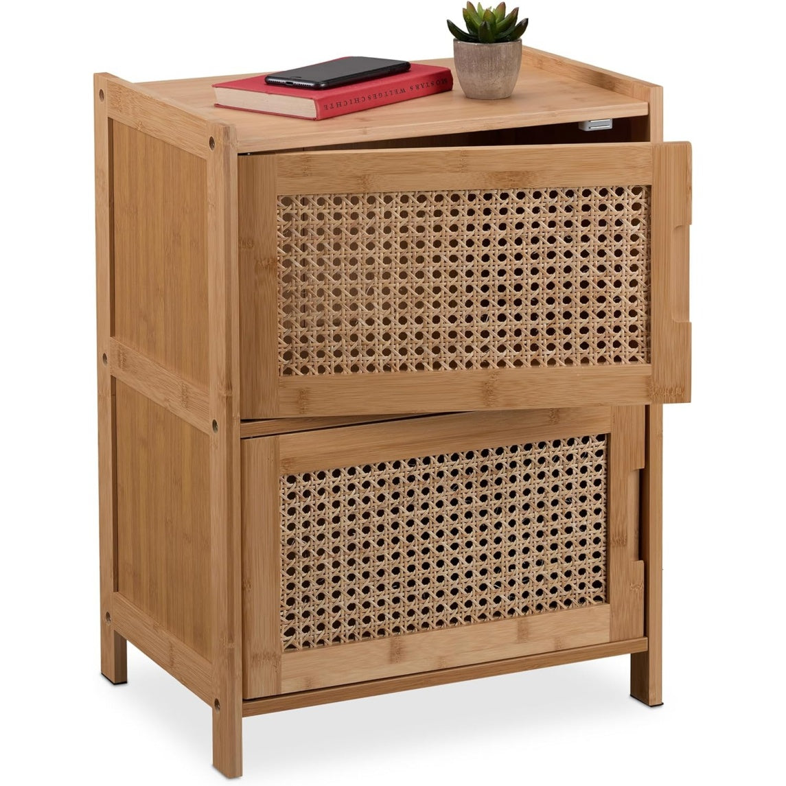 Armoire d'appoint avec 2 portes en rotin et 2 étagères intérieures, meuble compact pour salon, chambre ou entrée, finition naturelle