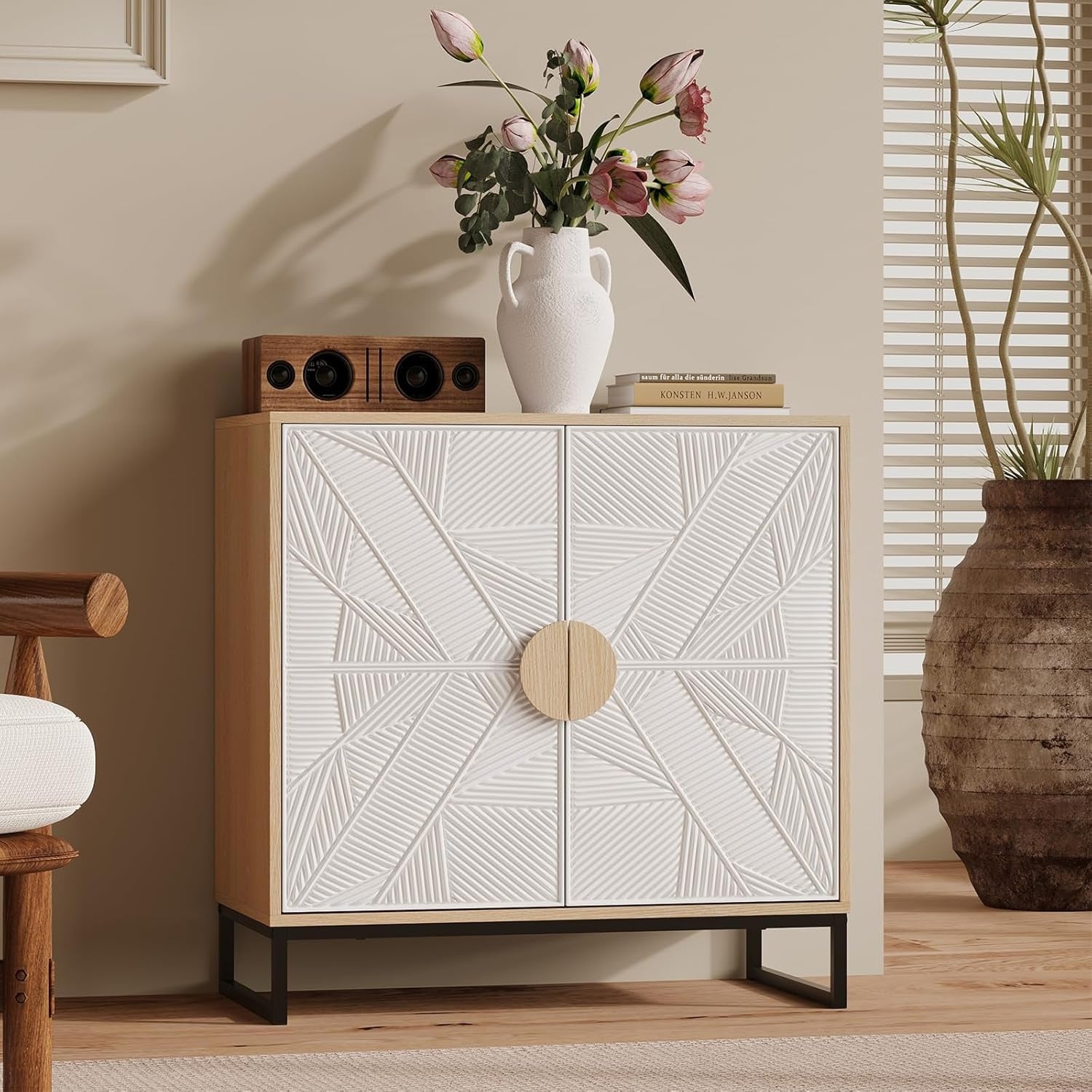 Buffet bas 80 x 40 x 80 cm avec plan de travail, 2 portes et espace de rangement, meuble blanc et bois naturel