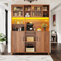 Vaisselier 185 cm avec portes coulissantes en verre, éclairage LED et plan de travail, décor noyer