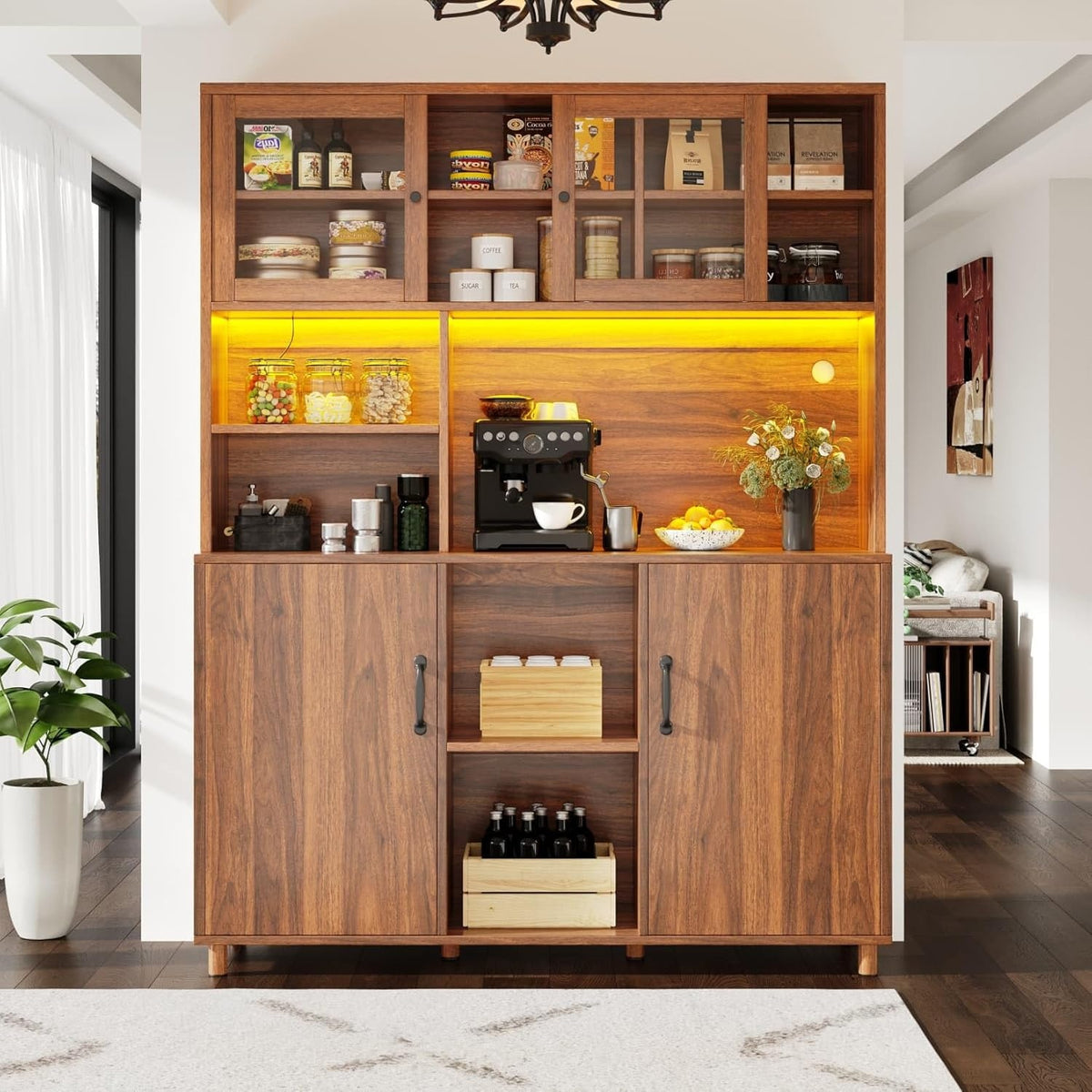 Vaisselier 185 cm avec portes coulissantes en verre, éclairage LED et plan de travail, décor noyer