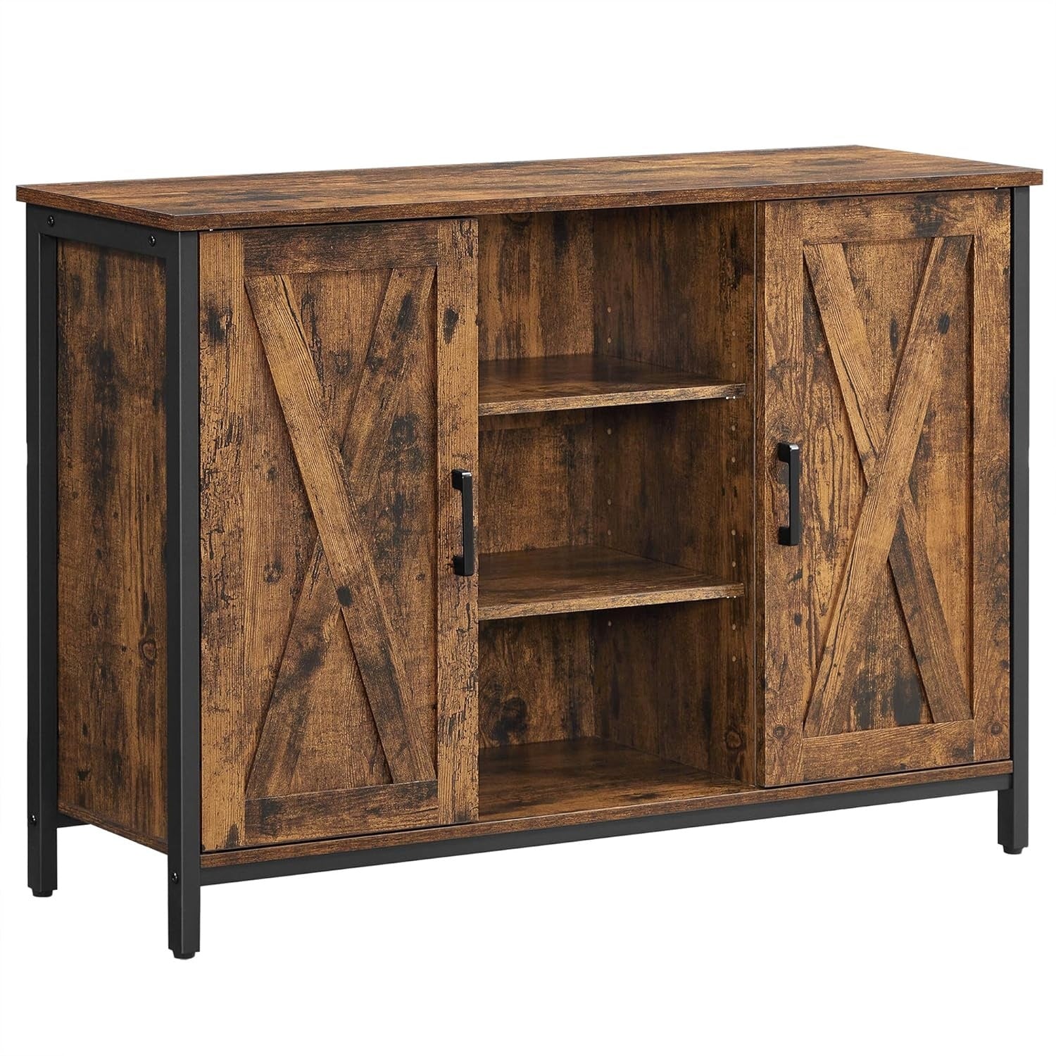 Buffet industriel avec portes style grange, placards et étagères de rangement, meuble multifonction pour cuisine, salle à manger ou couloir