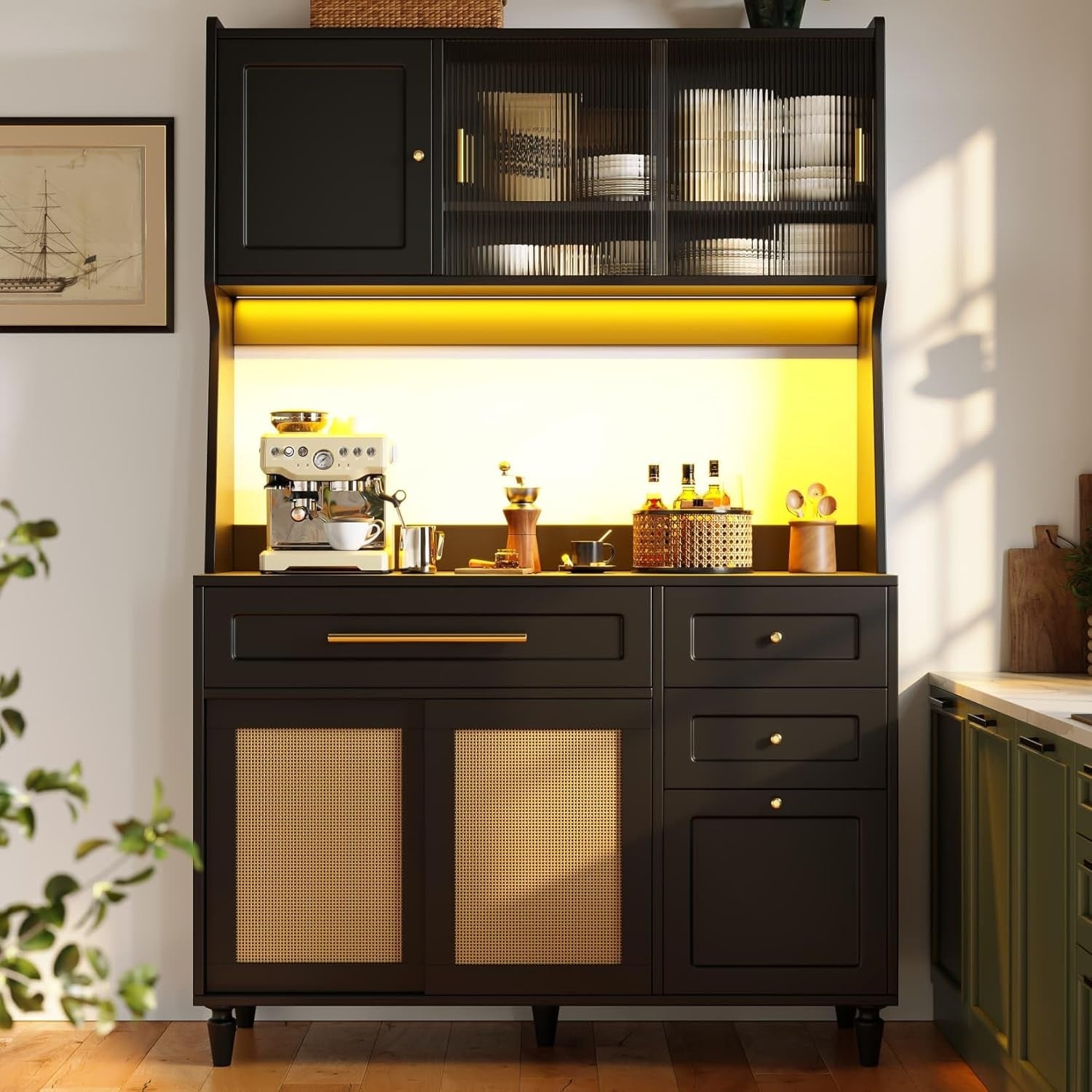 Armoire buffet avec vitrine, éclairage LED, porte coulissante et étagères modulables