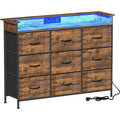 Commode LED avec 9 tiroirs, prises AC et ports USB intégrés, meuble de rangement en métal et bois pour chambre, marron