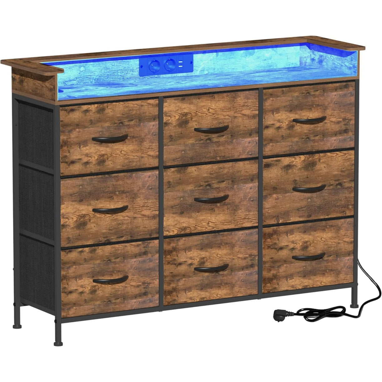 Commode LED avec 9 tiroirs, prises AC et ports USB intégrés, meuble de rangement en métal et bois pour chambre, marron