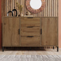 Commode 120 cm imitation chêne foncé avec deux portes, trois tiroirs et pieds métalliques