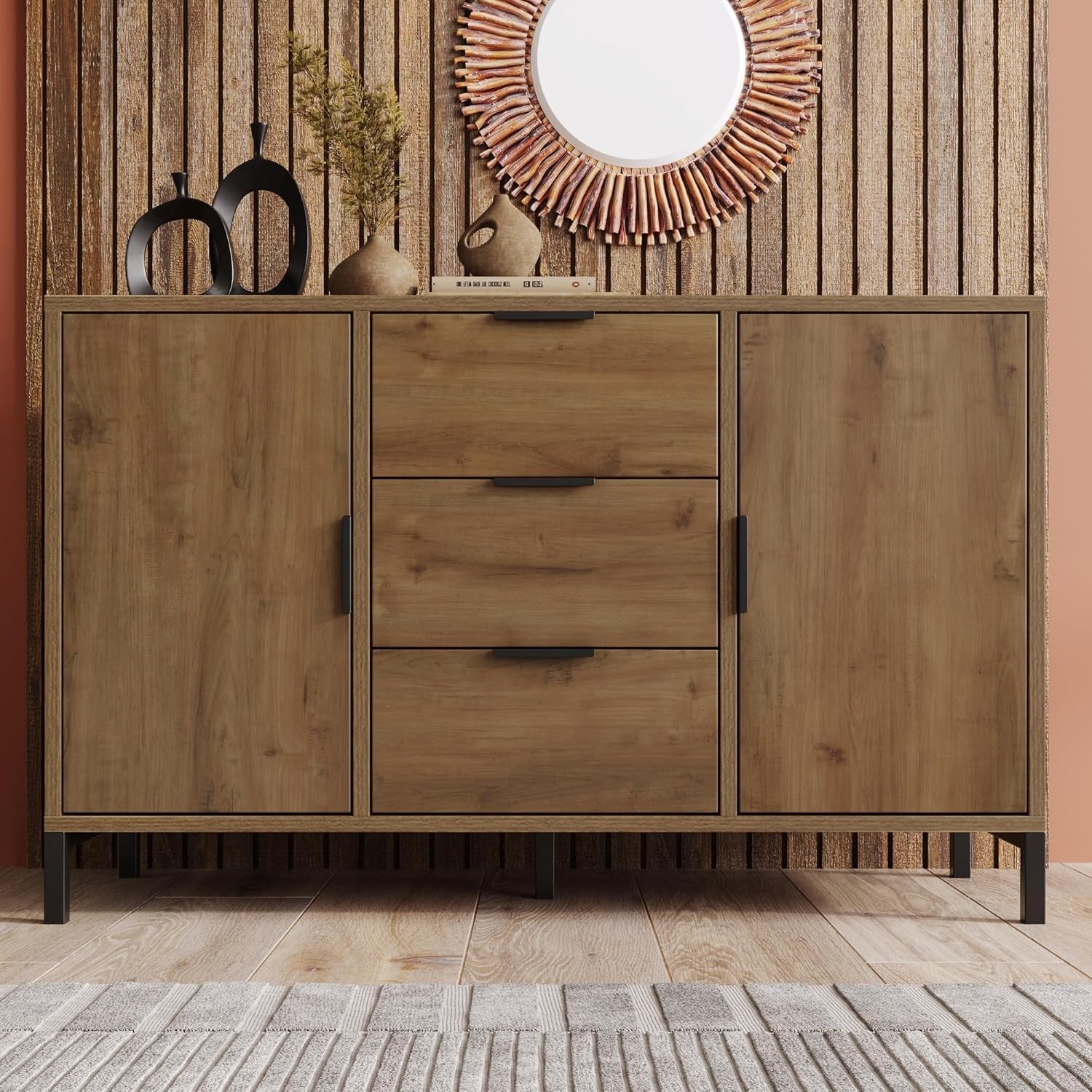 Commode 120 cm imitation chêne foncé avec deux portes, trois tiroirs et pieds métalliques