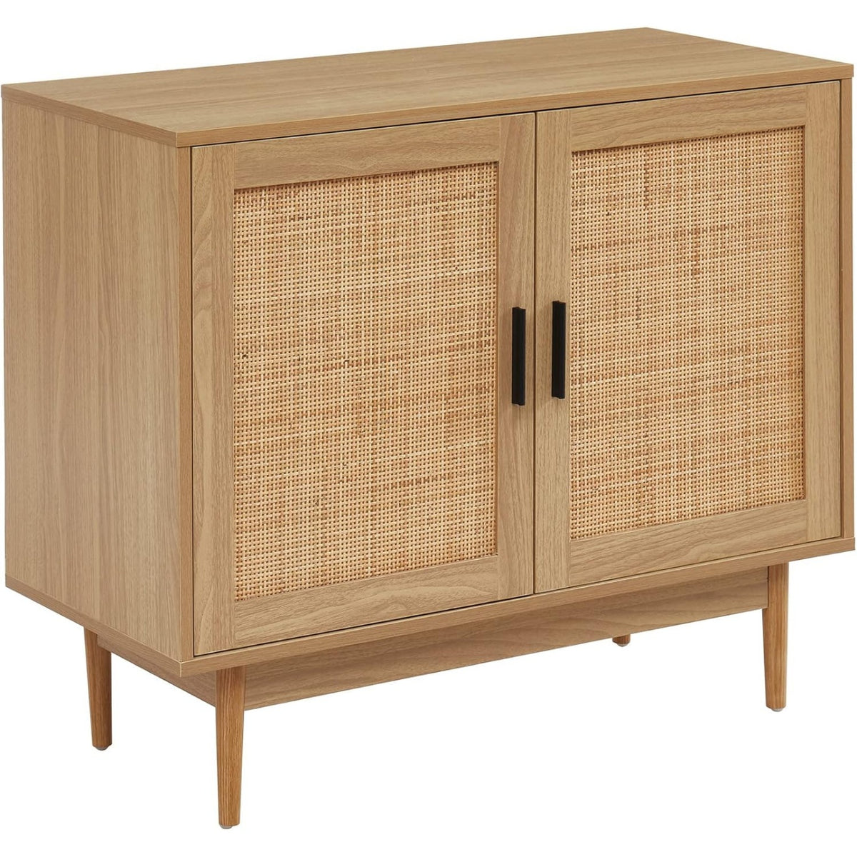 Buffet 90 cm effet chêne avec façades en cannage rotin, meuble de rangement pour salon ou salle à manger