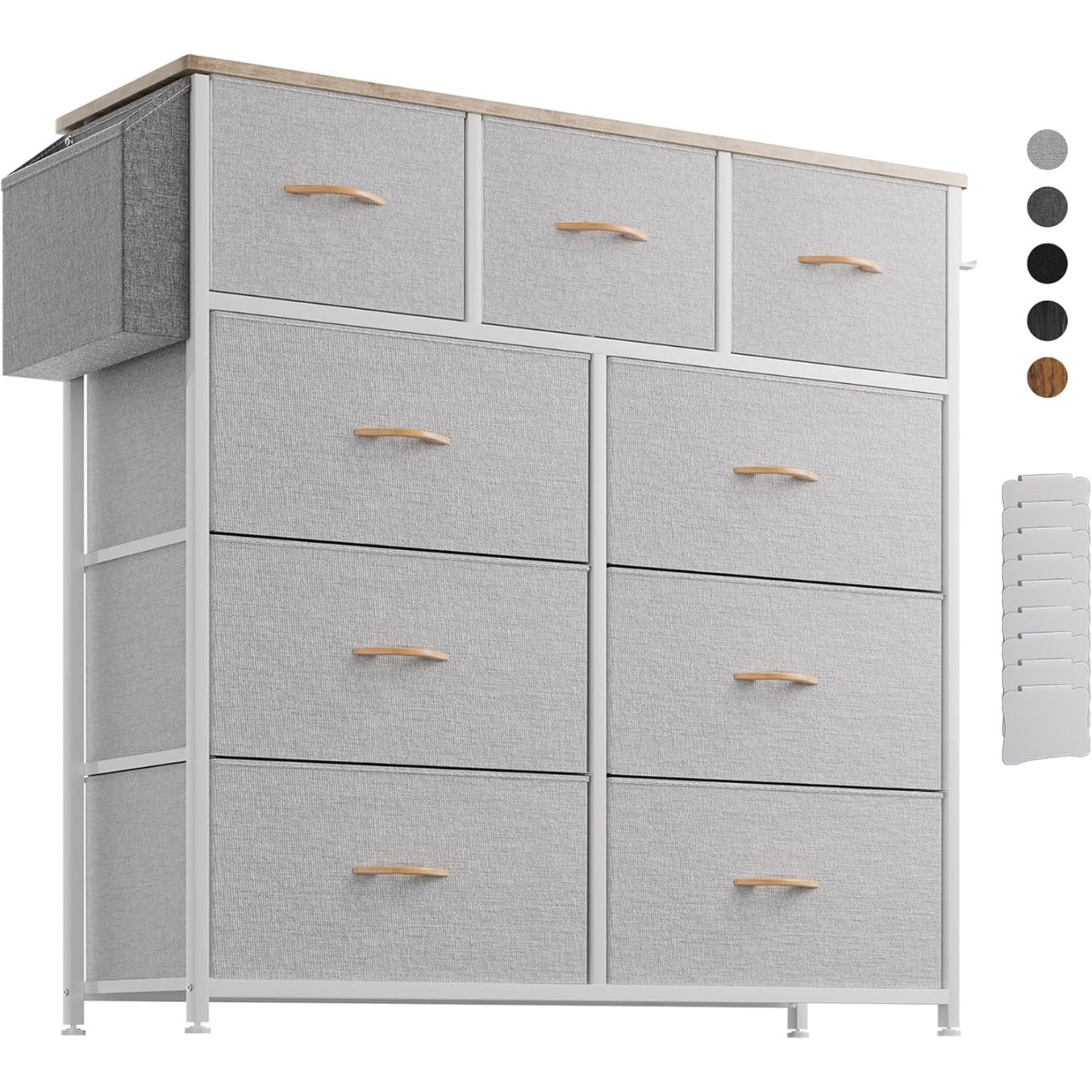Commode en tissu avec 9 grands tiroirs, poche latérale, crochet et étiquettes, meuble de rangement pour chambre, salon ou couloir