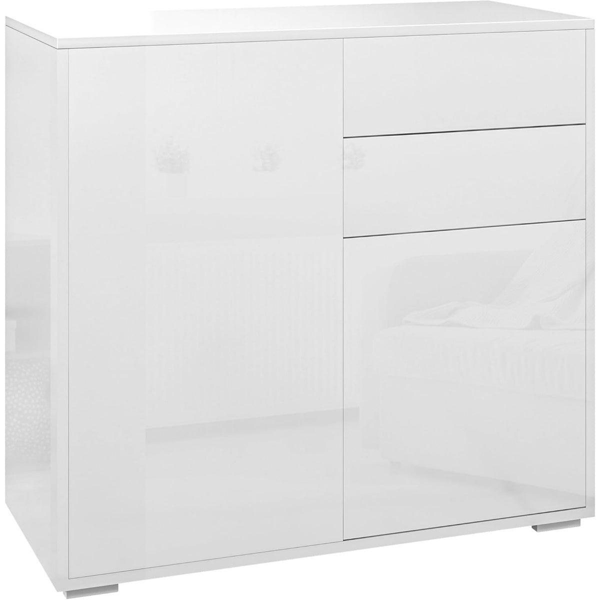 Commode de rangement finition brillante avec deux placards, deux tiroirs et espaces interieurs ajustables, blanc
