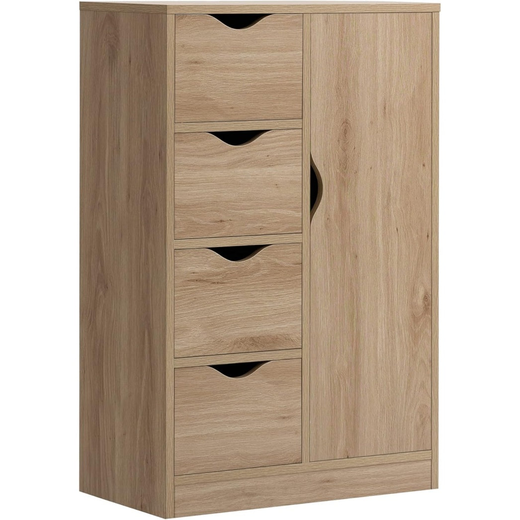 Buffet moderne avec 1 placard et 4 tiroirs, meuble de rangement en bois pour salon, cuisine ou entree, marron
