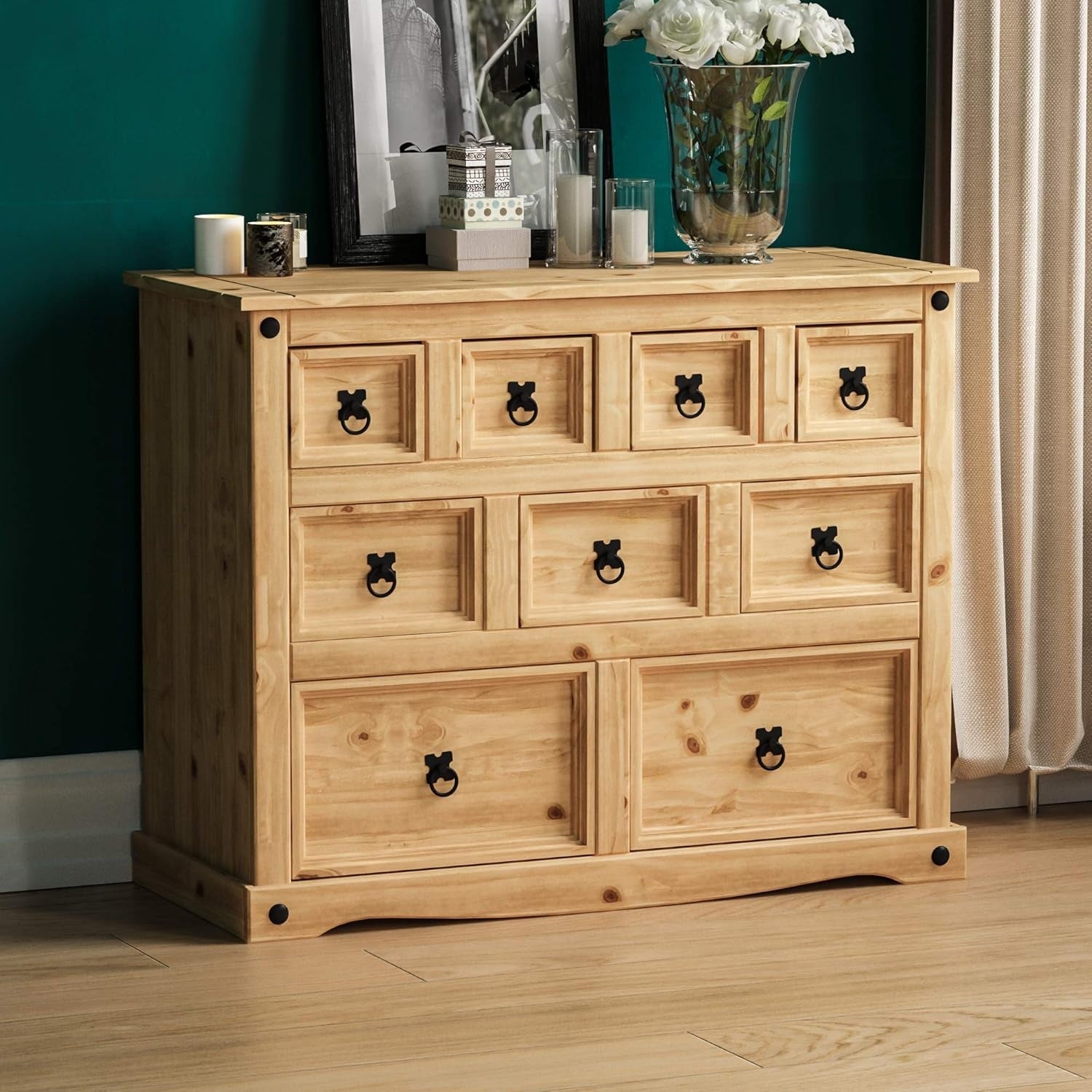 Commode en pin massif avec 9 tiroirs, meuble de rangement traditionnel pour chambre ou salon