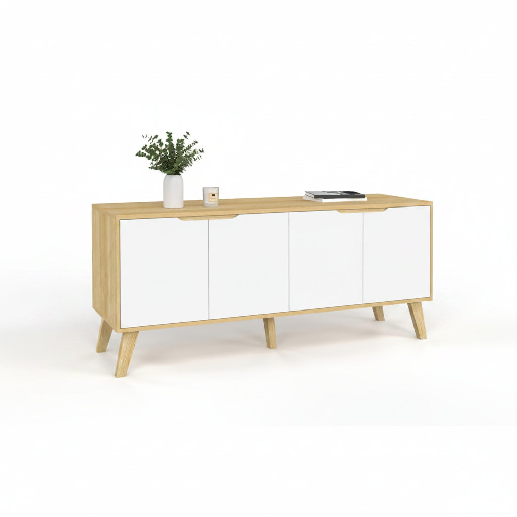 Buffet de rangement scandinave blanc avec finition effet hêtre, 4 portes, largeur 140 cm