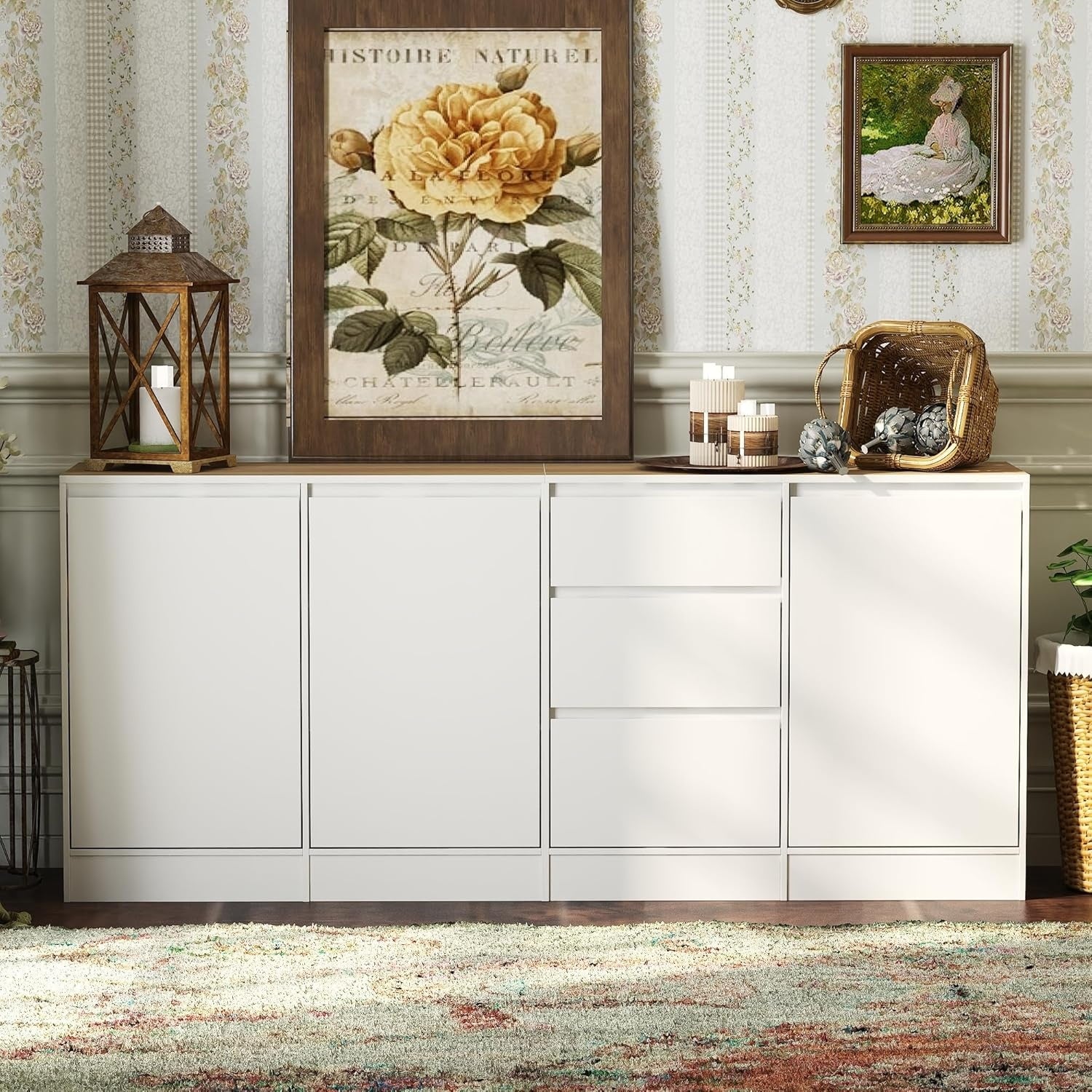 Armoire buffet multifonction avec trois portes, trois tiroirs et étagères de rangement en finition blanche