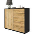 Commode moderne avec une porte, cinq tiroirs et finition noir mat effet chêne naturel