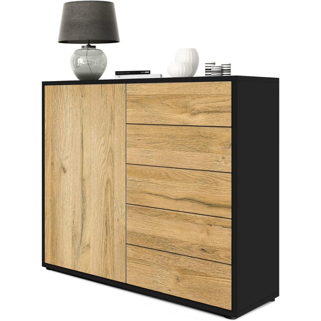 Commode moderne avec une porte, cinq tiroirs et finition noir mat effet chêne naturel